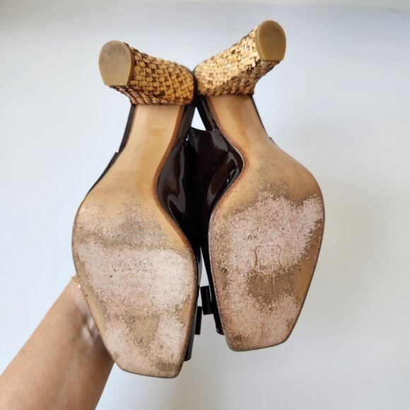 Stuart Weitzman Brown Patent Leather Slingback Heels Woven Block Heel Bows 9.5 M - Picture 13 of 15